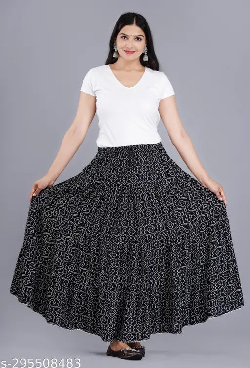 Black printed rayon long skirt for women, featuring a net pattern with various sizes available