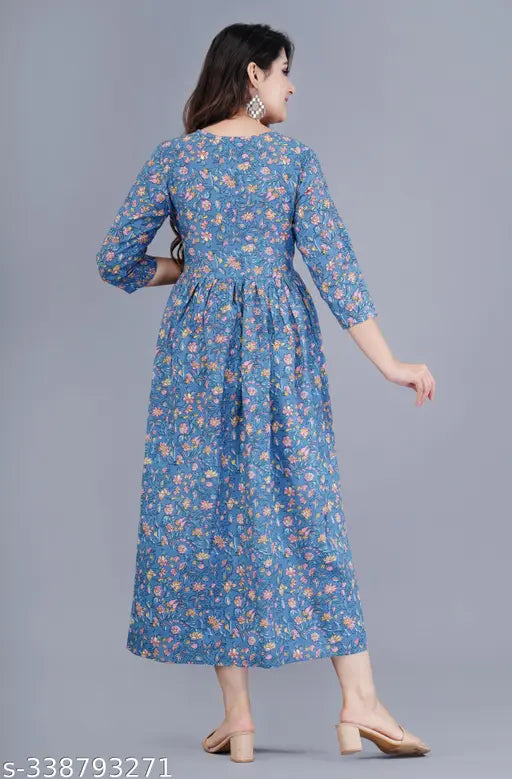 Rayon printed embroidered flared kurta, three-quarter sleeves, Indian ethnic wear for women
