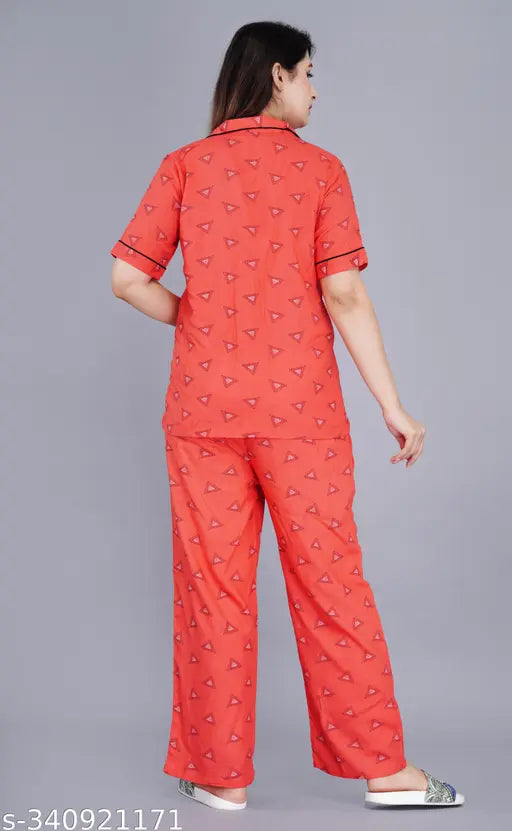 Rayon printed designer nightsuit set, short-sleeved rayon shirt and pyjama pants with vibrant print, available in sizes S to XXXL, made in India