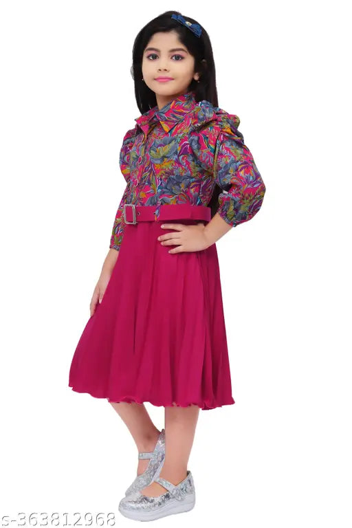 Kids party frock, short sleeves crepe dress with printed net pattern, perfect for weddings, parties, and religious gatherings. Versatile and elegant for various ages (5-10 years). Indian origin
