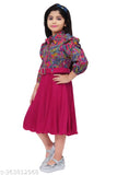Kids party frock, short sleeves crepe dress with printed net pattern, perfect for weddings, parties, and religious gatherings. Versatile and elegant for various ages (5-10 years). Indian origin