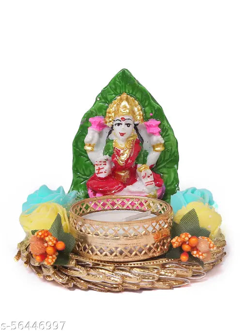 Poly Resin Laxmi Ganesh Idol with Wax Diya for Diwali decoration, handcrafted artifact on display, 3x3x3 inches, reusable candle set from India