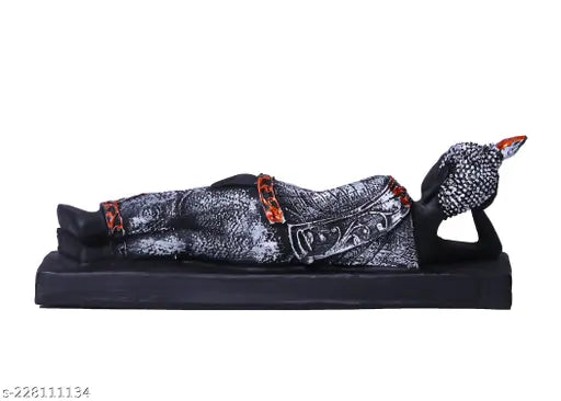 Black polyresin Lying Buddha Statue - Premium quality antique Gautam Buddha showpiece for home decor, meditation, or gifting. Size: 19cm (L) x 7cm (H) x 4.5cm (W). Perfect for various occasions and suitable for indoor/outdoor use. Made in India
