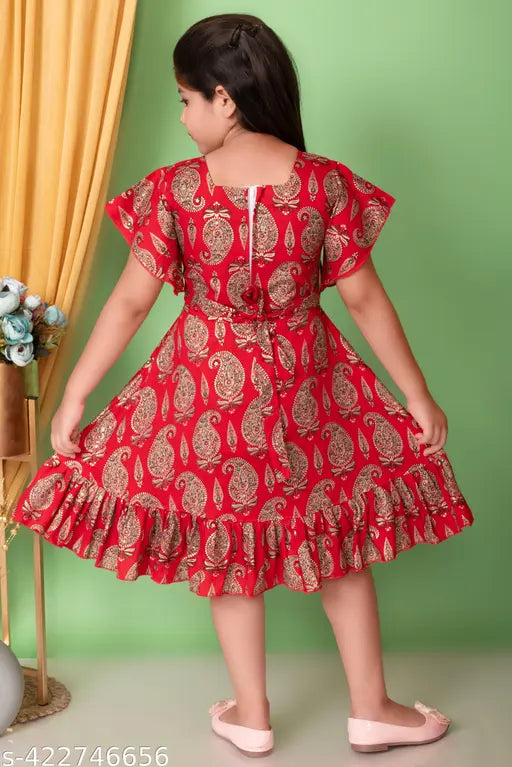 Red floral cotton party dress with ruffled sleeves girls