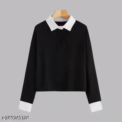 White cotton colorblocked t-shirt, premium women's long sleeve top with round neck, ideal for casual wear
