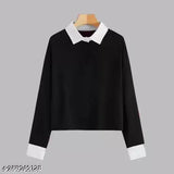 White cotton colorblocked t-shirt, premium women's long sleeve top with round neck, ideal for casual wear