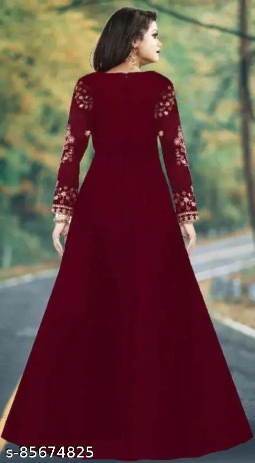 Maroon taffeta silk gown with embroidered net, long sleeves for women's formal wear, Indian origin