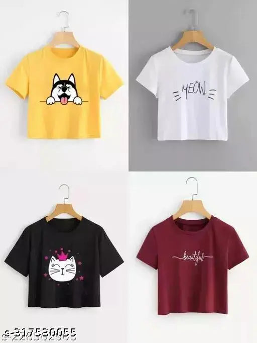 Women's trendy printed cotton half sleeve crop tops (pack of 4), 100% cotton short sleeves, various sizes available from S to XL, India origin