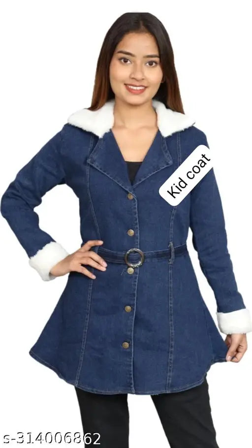 A stylish blue denim coat for women, with a fur collar and belted waist