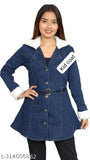A stylish blue denim coat for women, with a fur collar and belted waist