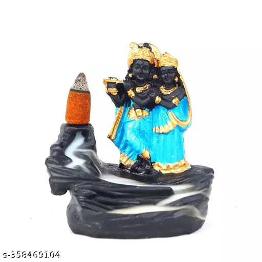Blue Radha Krishna Murti Incense Holder, decorative polyresin smoke fountain like waterfall, Indian artistry for home decor. (10x7x10 cm)