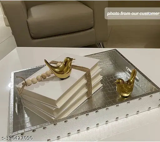 Ceramic golden blessing birds figurines set (2 pcs), great for home decor, living room, bedroom, office desk, cabinets