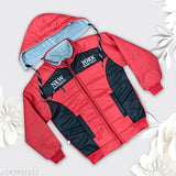 Red and black self-design bomber jacket with a hood