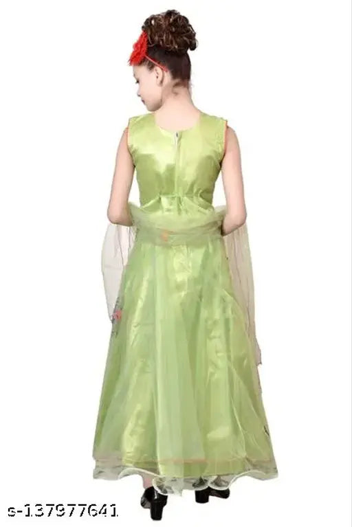 Green chiffon girls party dress with sleeves, knee length