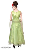 Green chiffon girls party dress with sleeves, knee length
