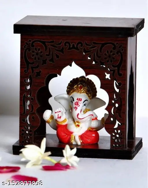 Wooden Expleasia Mukut Ganesha Idol with Temple, ideal home & office showpiece for festivals, 9cm x 6cm x 10cm