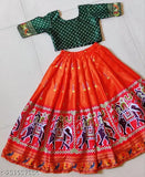Pink satin kids lehenga choli for ages 5-6 years, printed with zari stitch and short sleeves