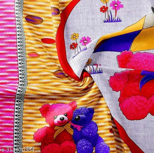 100 Cotton Jaipuri Cartoon Bedsheet with teddy bears & flowers, pink & yellow.