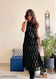 Black rayon sleeveless straight kurti by Shikha Fashions, features printed design for women's ethnic style