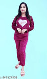 Maroon women's wool night suit, cozy winter essential, solid pattern, made in India