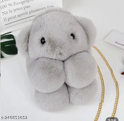 Grey fluffy bunny sling bag, soft material, shoulder strap, for girls, cross body style