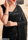 Black sleeveless georgette saree, featuring sequin embellishments and adorned with a large statement earring