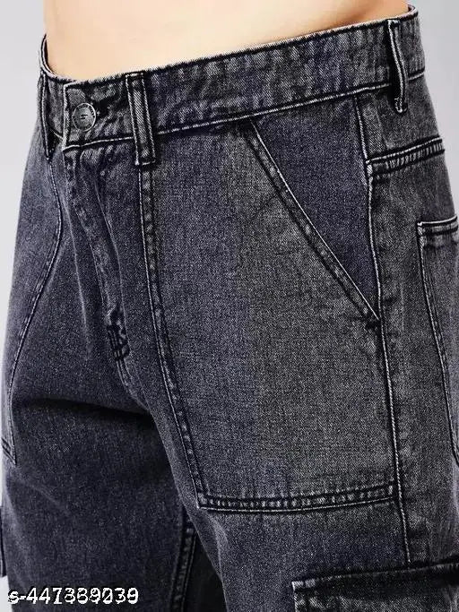 Dark blue denim men's slim fit jeans with six pockets