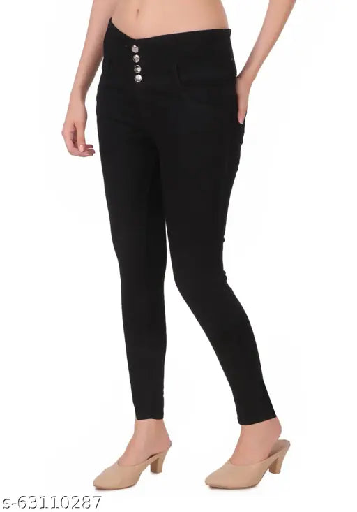 Black women's jeans with 4 buttons, waistband with belt loops