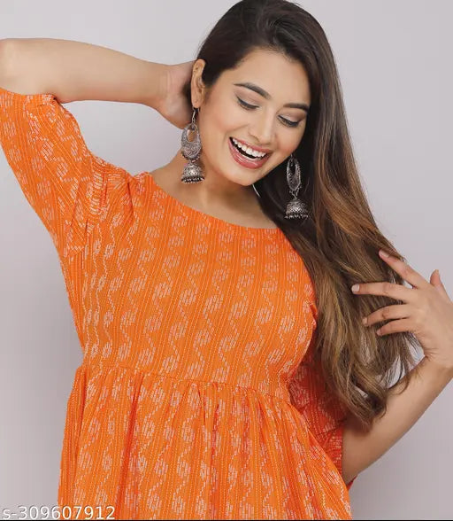 Orange cotton-blend kurta with three-quarter sleeves, woven design by Shambhavi Creations. Soft fabric for comfortable wear, made in India (XS - XXL sizes available)