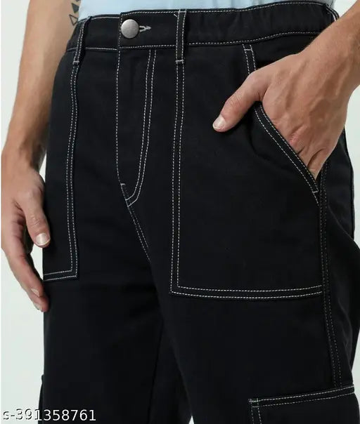 Black denim casual wear cargo pants, baggy fit for boys size 28, 30, or 32. Clean-looking denim jeans with abstract net pattern. Indian origin