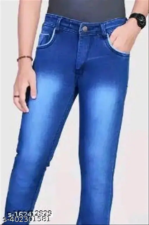 Men's cotton blend blue jeans with a washed pattern, pre-shrunk and pill-resistant. Comfortable, stylish, and affordable SHUKRAN denim for men, made in India