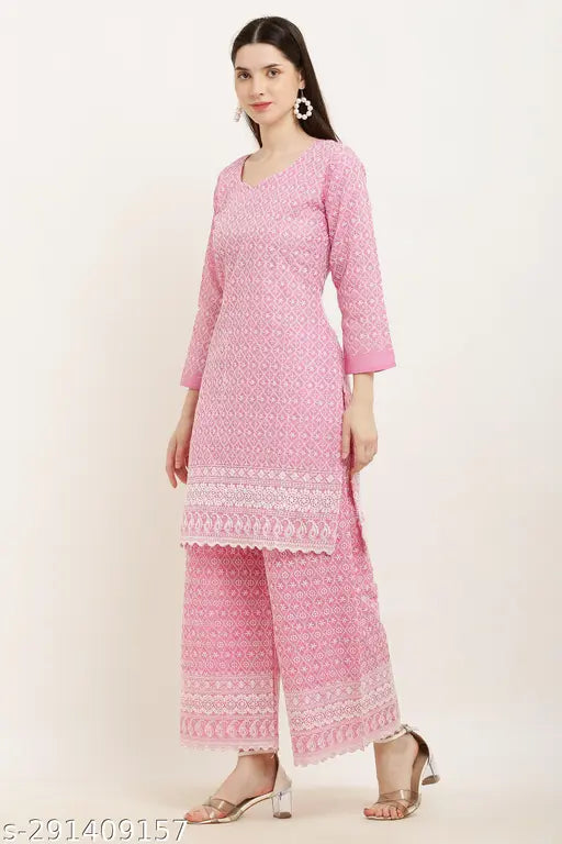 Women's pink chicken kurta with palazzo set, cotton blend embroidered net ethnic wear, available in various sizes: S-XXXL