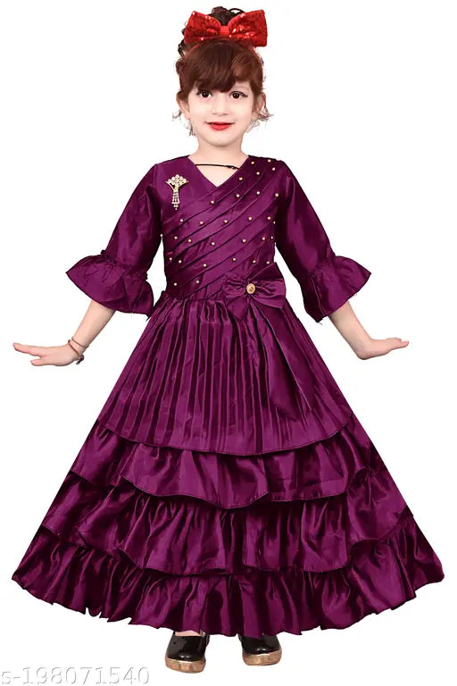 Purple satin party dress with frill sleeves and sash waist