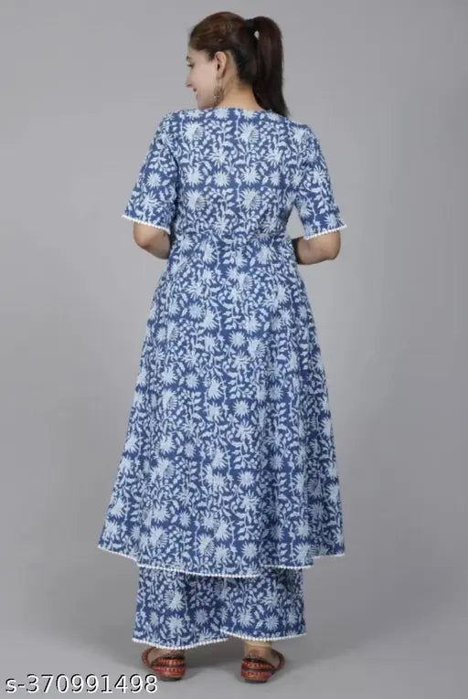 Rayon kurta with plazzo, printed net design, three-quarter sleeves, heavy rayon fabric, lace work, India