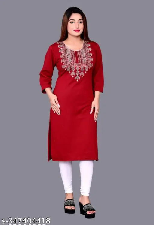 Woolen winter kurta, red embroidered flee design, regular fit