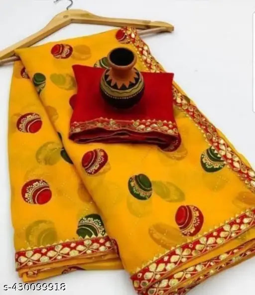 Georgette yellow sari with lace border and blouse, bandhej style, bandhani design, pure georgette material