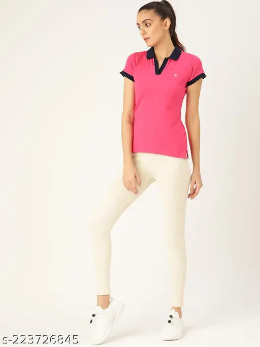 Cotton blend solid polo collar t-shirt for women, short sleeves, Femea Rani style, India origin
