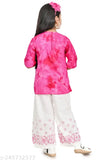 Rayon kurtis palazzo set for girls, featuring pom-pom design, print, and self-fabric belt. Indian handcrafted fashion for children's wardrobe on Gillkart site
