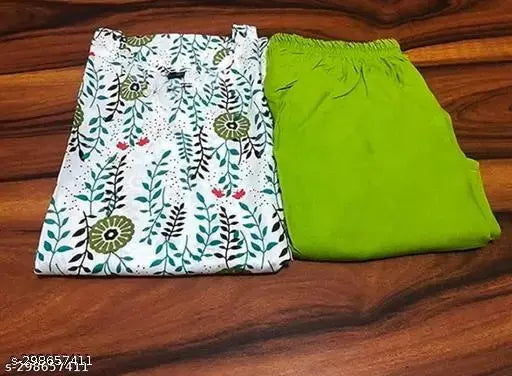 Printed rayon kurti set with silk blend pants for women, India-made traditional Indian outfit