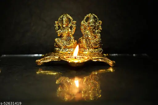 Metal Laxmi Ganesh idol with diya, Diwali gift offer. Handcrafted Indian god sculpture for pooja home or office, 17cmx10cmx9cm