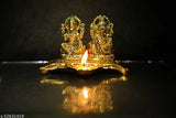Metal Laxmi Ganesh idol with diya, Diwali gift offer. Handcrafted Indian god sculpture for pooja home or office, 17cmx10cmx9cm