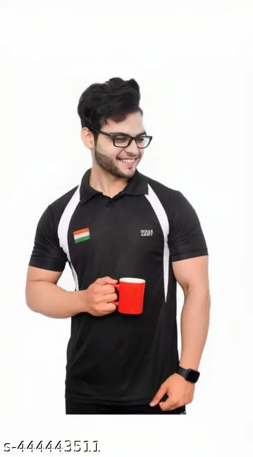 Indian Army black collar cotton-silk t-shirt for men, printed net design on short sleeves