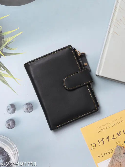 Black PU leather wallet with multiple card slots and coin purse, zip closure. Credit card holder, secure card case. Gift wallet for women and girls