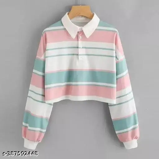 Pink and blue striped Lycra long-sleeve crop top for women, trendy wardrobe essential