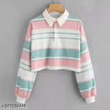 Pink and blue striped Lycra long-sleeve crop top for women, trendy wardrobe essential