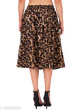 Navy Blue Brown Floral Print Mid Calf IBPanel Polyester Skirt Combo for Women - Flared skirt with crepe pattern and printed net detail, available in sizes 26, 28, 30, 32, 34
