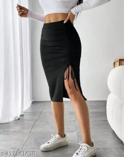 Women's black cotton knee-length skirt with a side slit