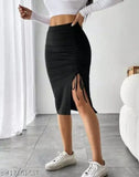 Women's black cotton knee-length skirt with a side slit