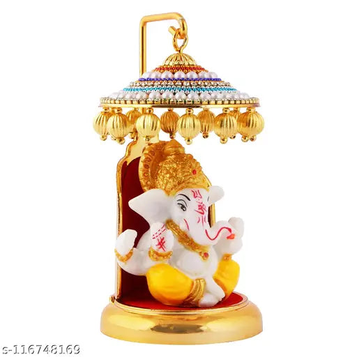 Marble & polyresin Ganesh idol statue with gold plate umbrella chatri, elevates spirituality for car dashboard or home decor