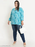 Turquoise blue and white abstract printed plus size mandarin collar top in viscose rayon, three-quarter sleeves with side slit, Indian origin